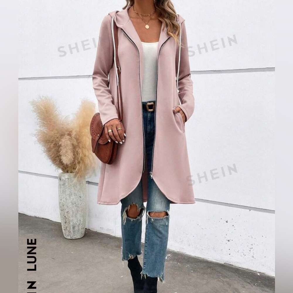 Shein Lune Zip Up Drawstring Pink Hooded Coat Tunic in Dusty Pink, Small
